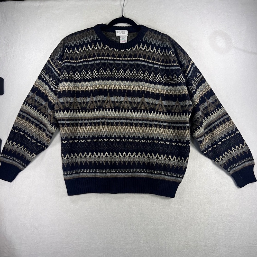 Bresci Classic‎ Men L Wool Alpaca Fair Isle Sweater Navy Blue Grandpa Fisherman